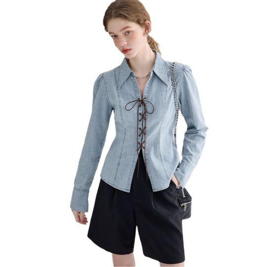 Damen Denim-Bluse mit historischem Schnürdetail und lässiger Passform EB