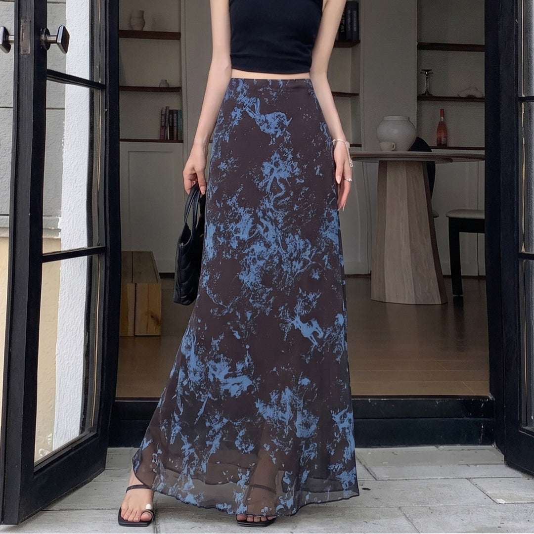 Damen  A-Linien Maxirock mit semi-transparenter Chiffonlage und abstraktem Batik-Print EB