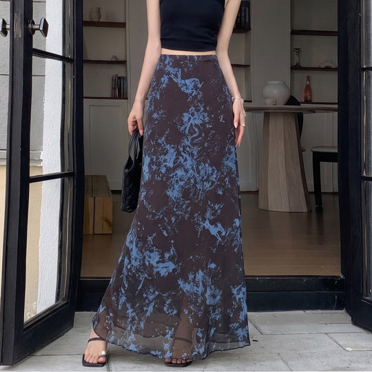 Damen  A-Linien Maxirock mit semi-transparenter Chiffonlage und abstraktem Batik-Print EB