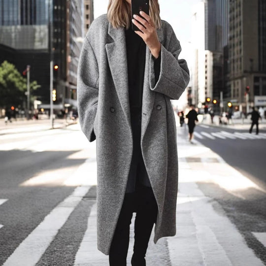Damen Oversized Wollmantel mit gestreiftem Design und Gürtel EB