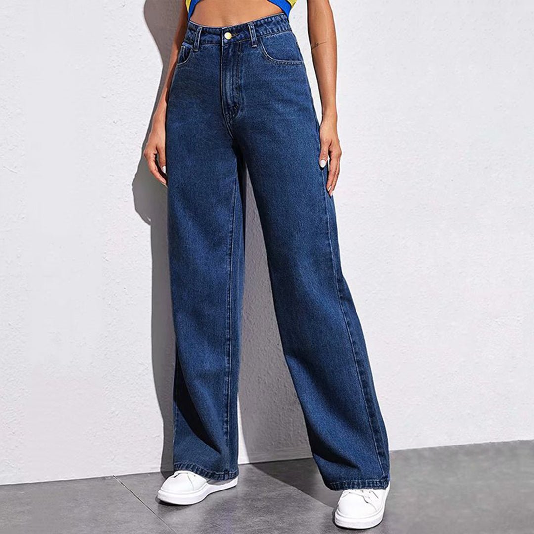 Damen nan hochgeschnittene weite Denim-Hose mit extra weitem Bein und taillierendem Bund EB