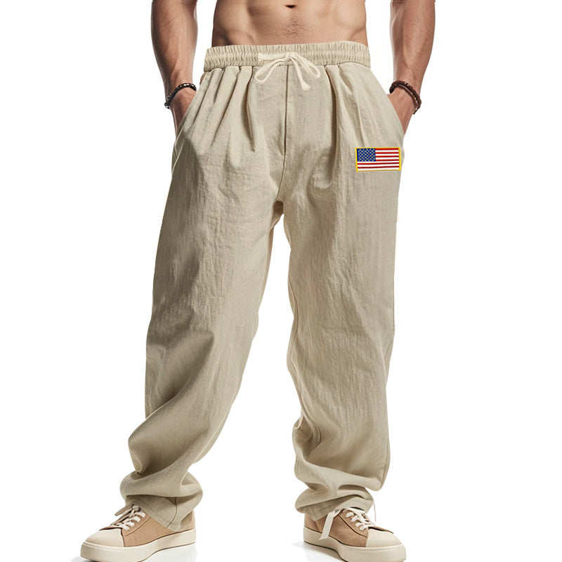 Herren Locker sitzende Freizeit-Hose im Leinen-Look mit elastischem Bund, Kordelzug & Flaggenpatch EB