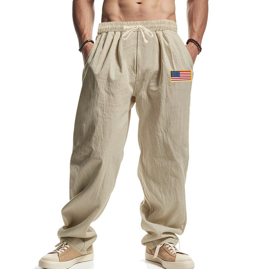 Herren Locker sitzende Freizeit-Hose im Leinen-Look mit elastischem Bund, Kordelzug & Flaggenpatch EB