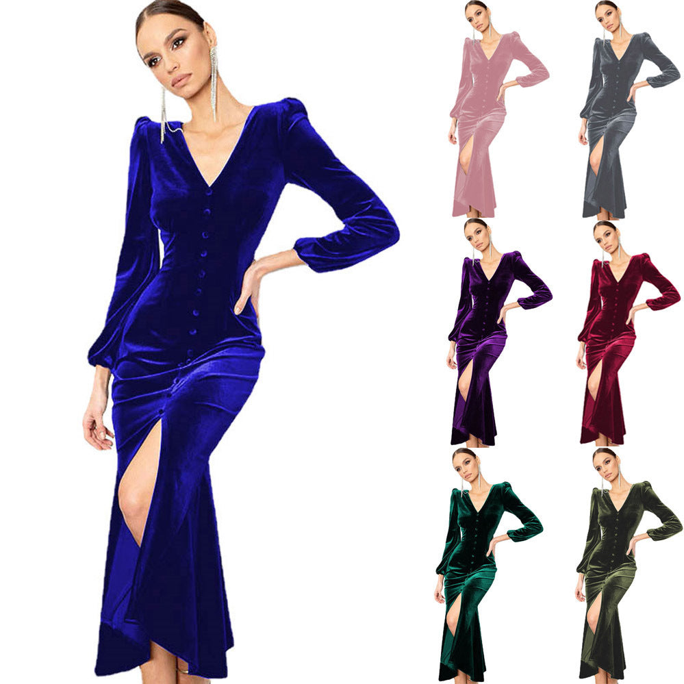 Damen Elegantes Samtkleid mit V-Ausschnitt und Puffärmeln EB