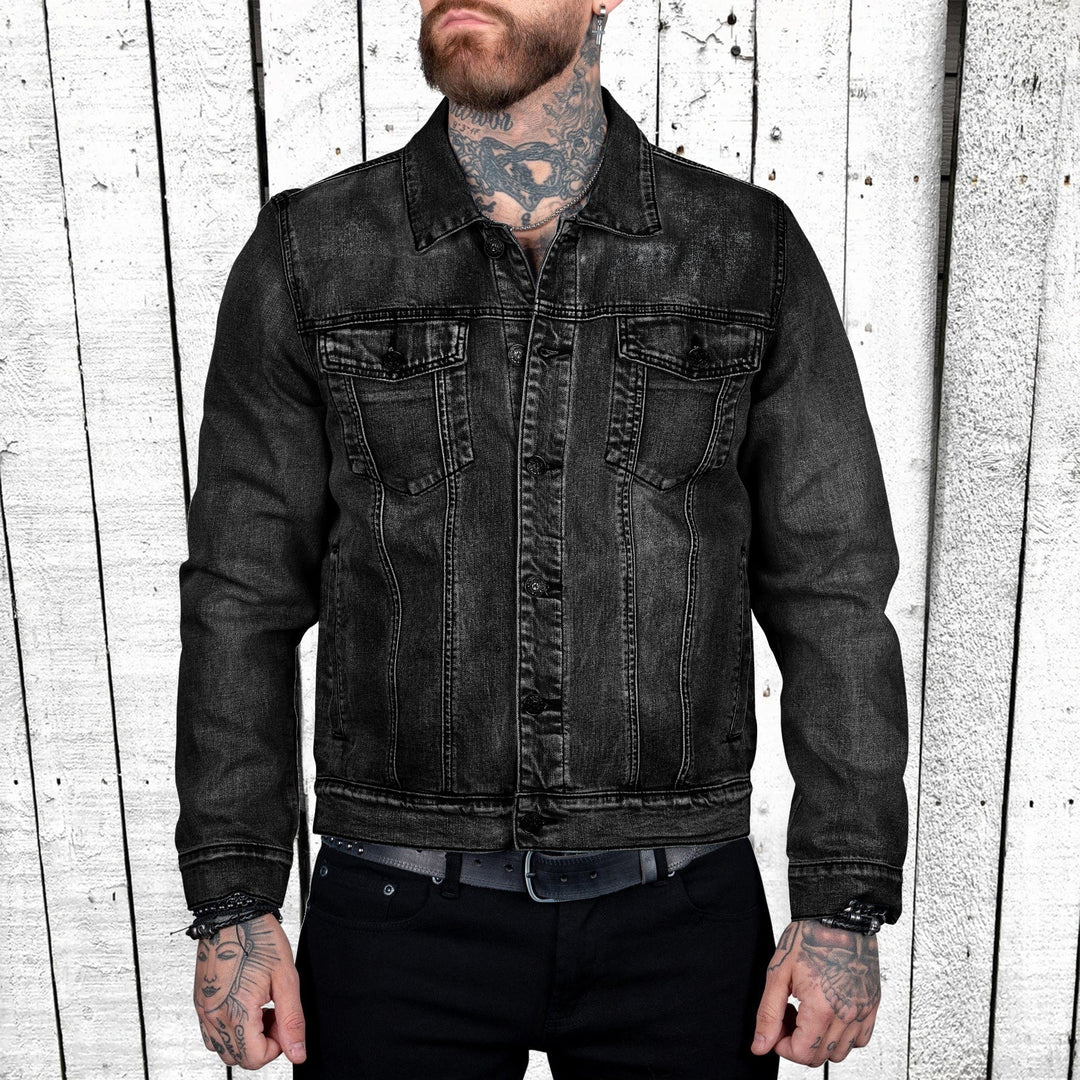 Herren nan taillierte Trucker-Denimjacke mit Pattentaschen, Metallknopfleiste und kontrastierenden Nähten EB