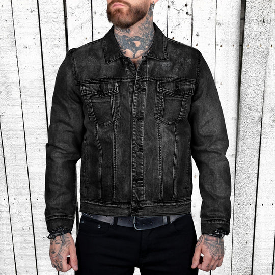 Herren nan taillierte Trucker-Denimjacke mit Pattentaschen, Metallknopfleiste und kontrastierenden Nähten EB