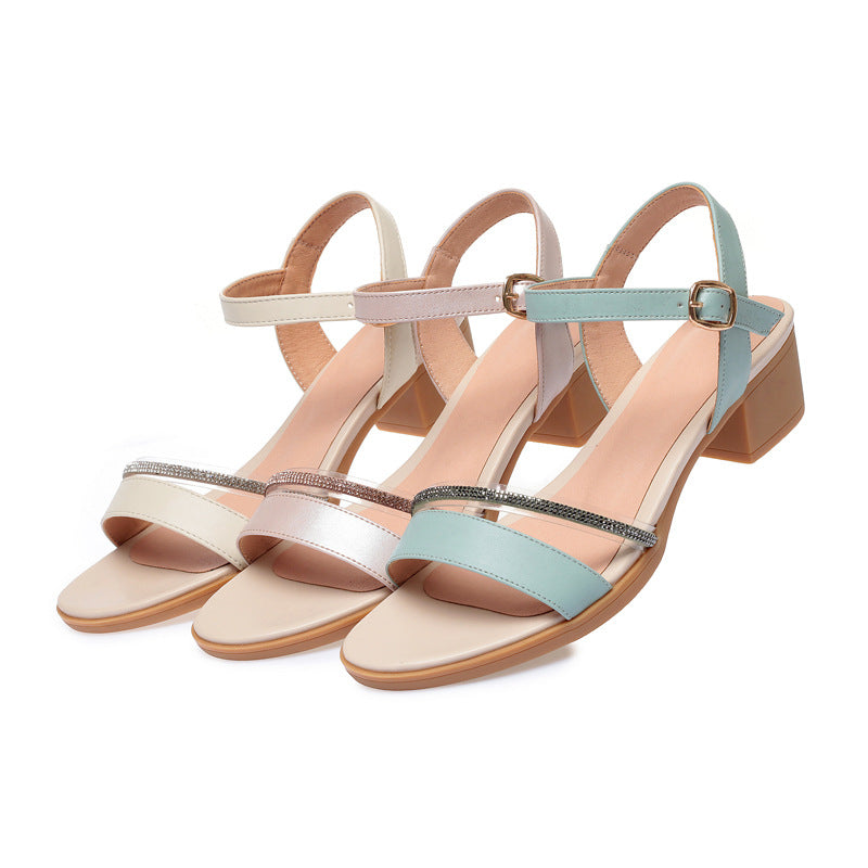 Damen elegante Blockabsatz Sandalen mit verstellbarem Riemen und modischem Schmuckdetail EB
