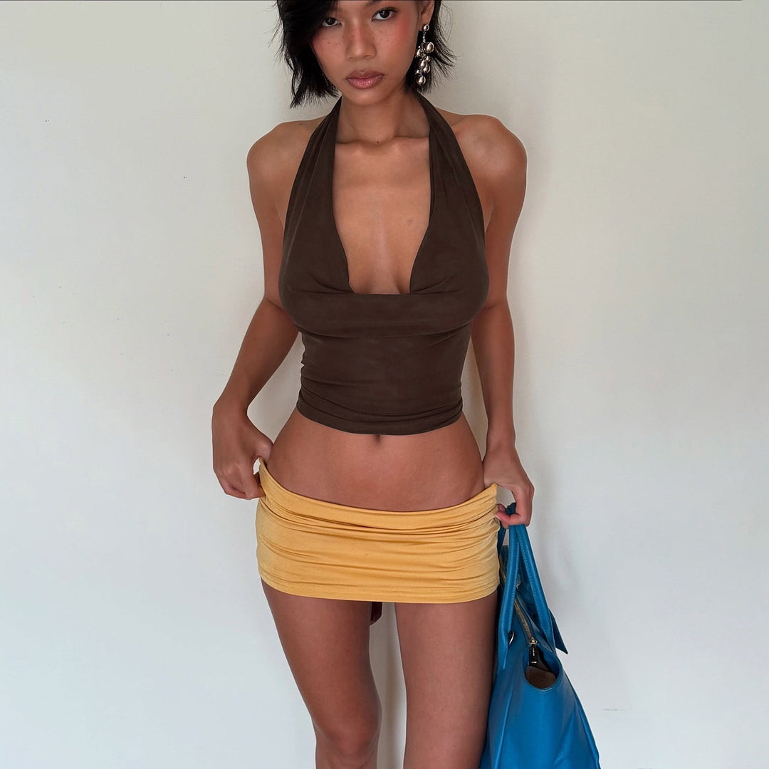 Damen figurbetontes Halter-Top mit tiefem V-Ausschnitt und elastischem Saum EB