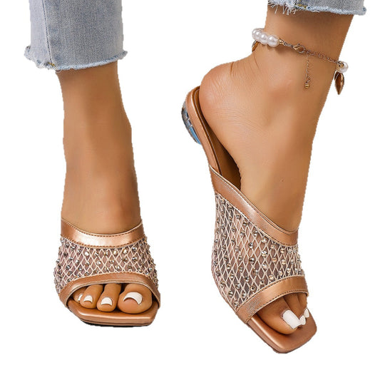 Damen modische Sandalen mit transparenter Netzstruktur und Glasklauen-Absatz EB