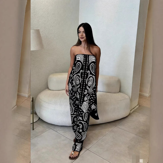 Damen lässiger Jumpsuit mit weitem Schnitt und stylischem Muster EB