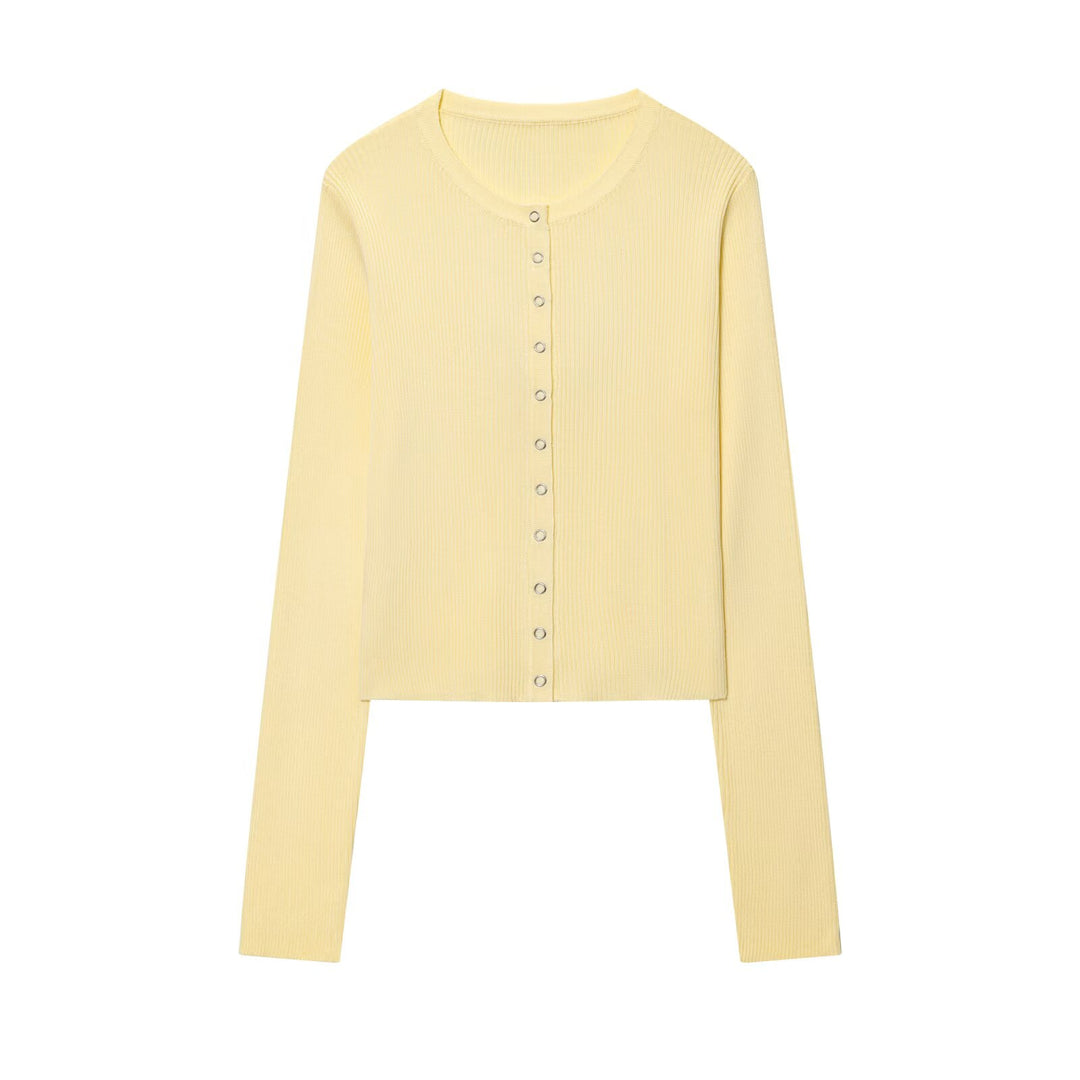 Damen cropped Langarmshirt mit Knopfdetails und Rippstruktur EB