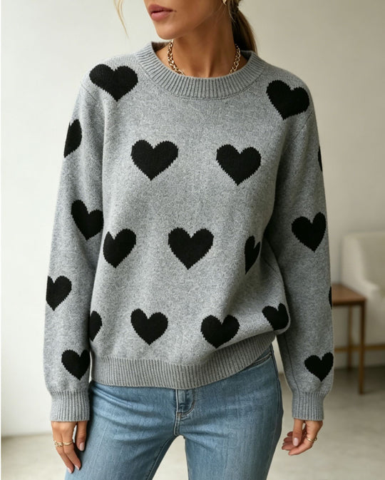 Damen Herz-Intarsien Rundhalspullover mit lässiger Oversize-Passform EB