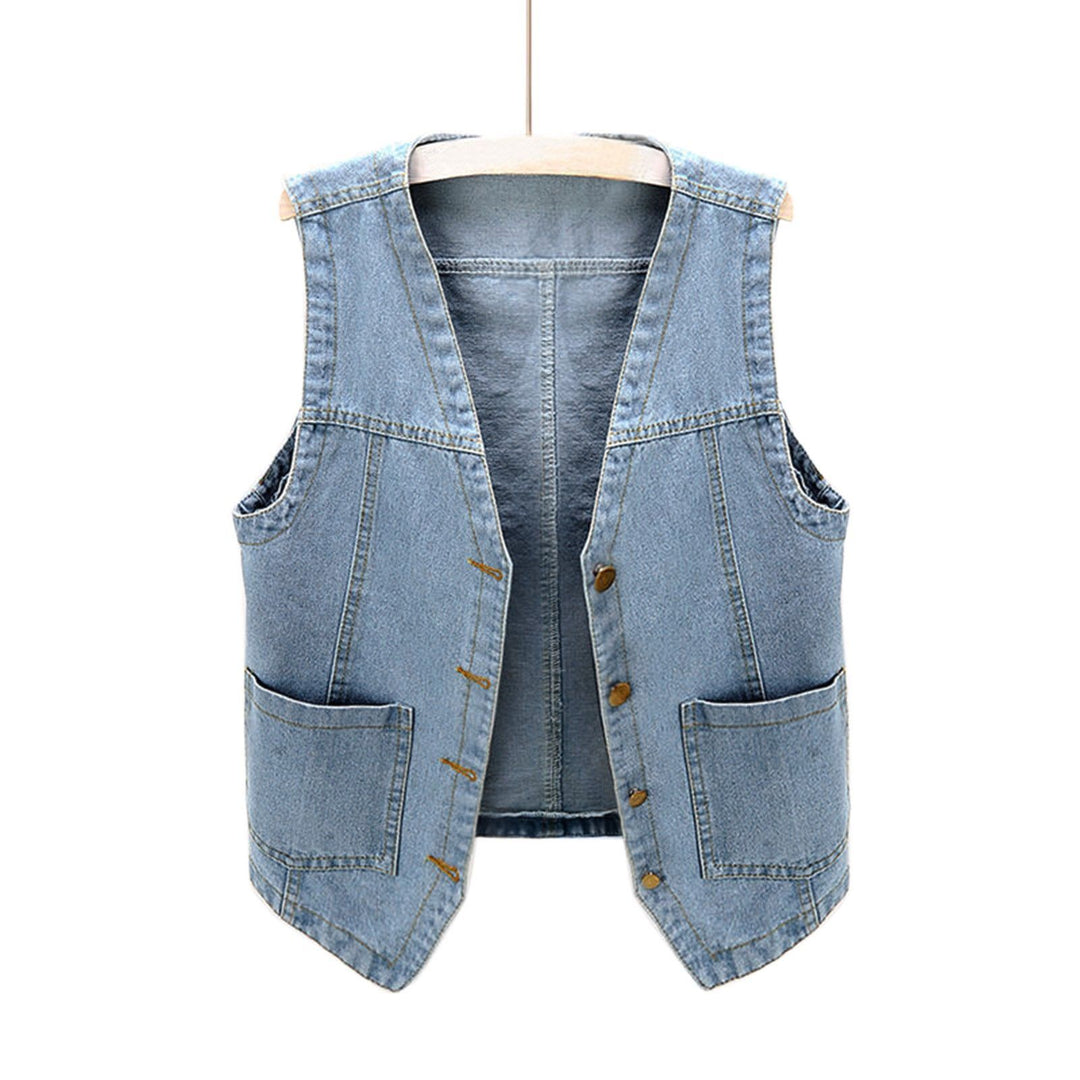 Damen lässige Denim-Weste mit Knopfdetails und aufgesetzten Taschen EB