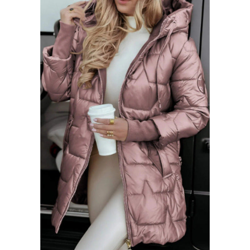 Damen Longline Steppjacke mit abnehmbarem Kapuzenfutter und seitlichen Reißverschlusstaschen EB