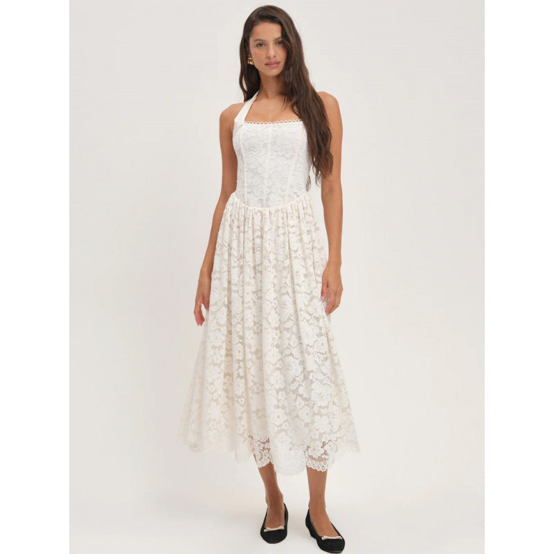 Damen luftiges Sommerkleid mit romantischem Spitzenoberteil und elastischem Taillenbund EB