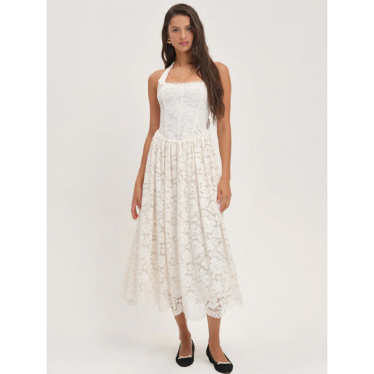 Damen luftiges Sommerkleid mit romantischem Spitzenoberteil und elastischem Taillenbund EB