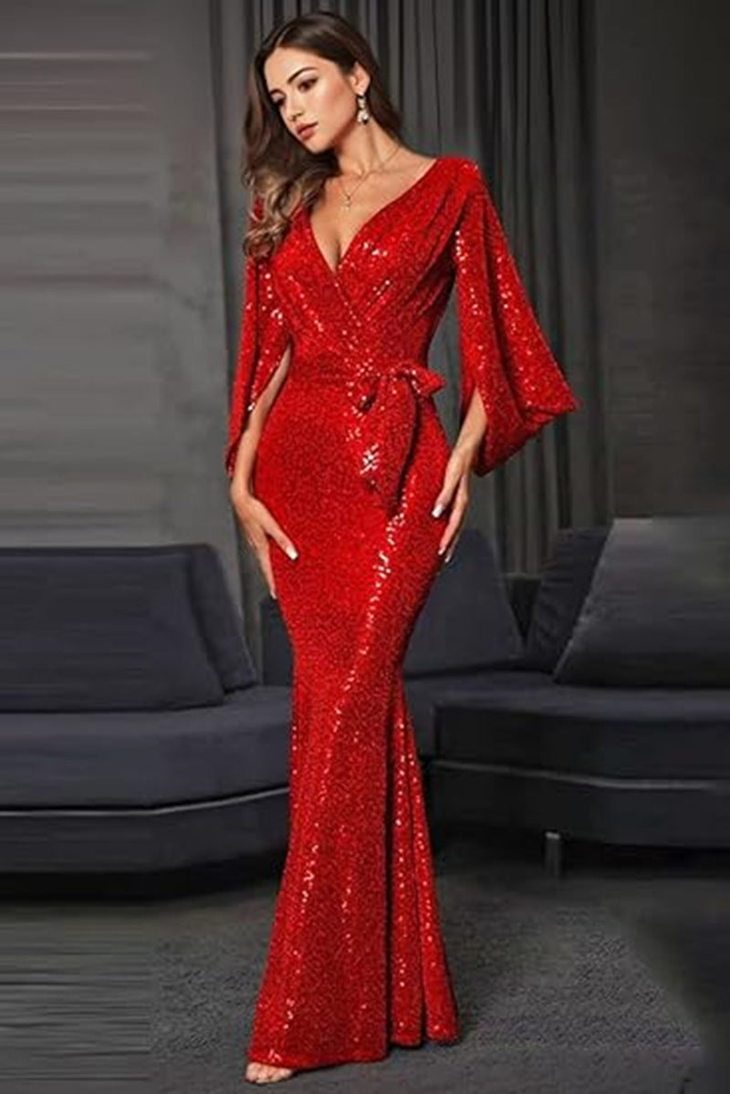 Damen Glamouröses Pailletten-Abendkleid mit tiefem V-Ausschnitt und fließendem Rock EB