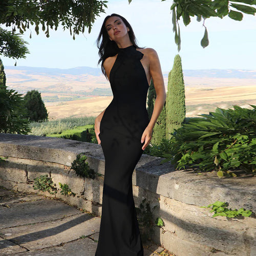 Damen Elegantes Maxi-Kleid mit raffiniertem Halter und floralem Akzent EB
