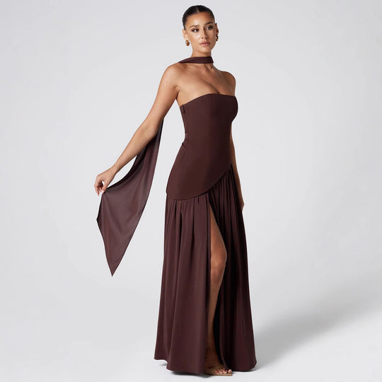Damen Maxikleid mit schulterfreiem Design und dekorativem Wickelausschnitt EB