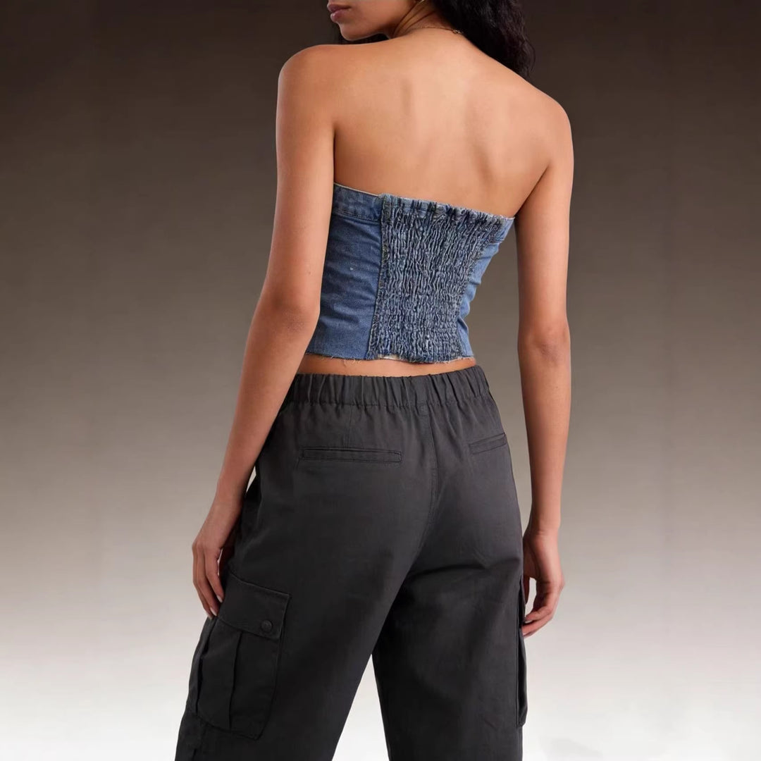Damen Denim Bustier-Top mit Knopfdetail und Fransen EB