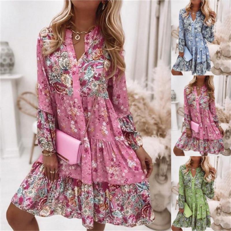 Damen Elegantes Blusenkleid mit floralem Design und Rüschen EB