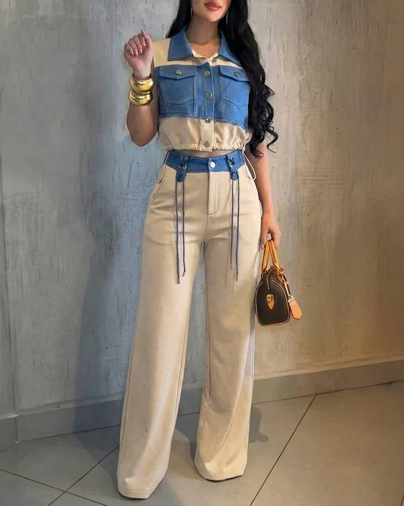 Damen Modischer Overall mit Denim-Design und Stylish-Bund EB
