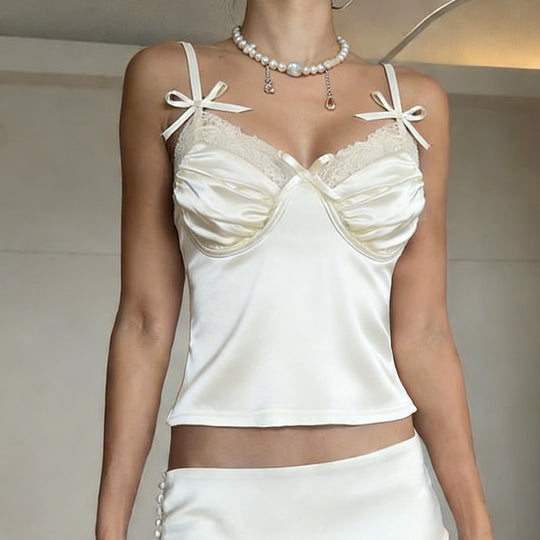 Damen Satin-Camisole mit Spitze und verspielten Schleifen EB