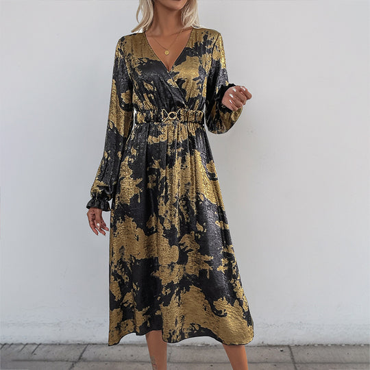 Damen Wickel-Midikleid mit Metallic-Effekt, abstraktem Print, Taillenring und hohem Beinschlitz EB
