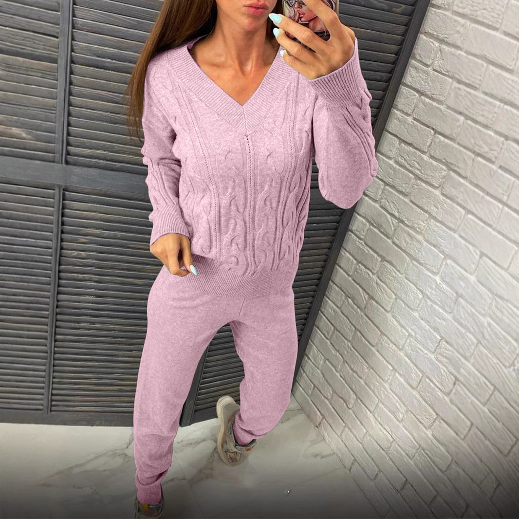 Damen Strickpullover und Jogginghose Set mit Zopfmuster EB