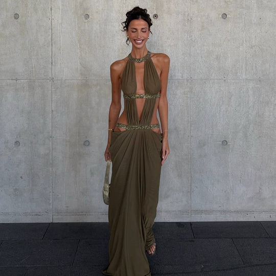 Damen Maxikleid mit tiefem V-Ausschnitt und elegantem Rückendetail EB