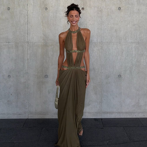 Damen Maxikleid mit tiefem V-Ausschnitt und elegantem Rückendetail EB