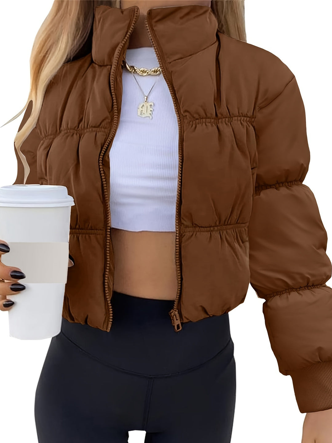 Damen gesteppte Kurzjacke mit hohem Kragen und voluminösem Schnitt EB