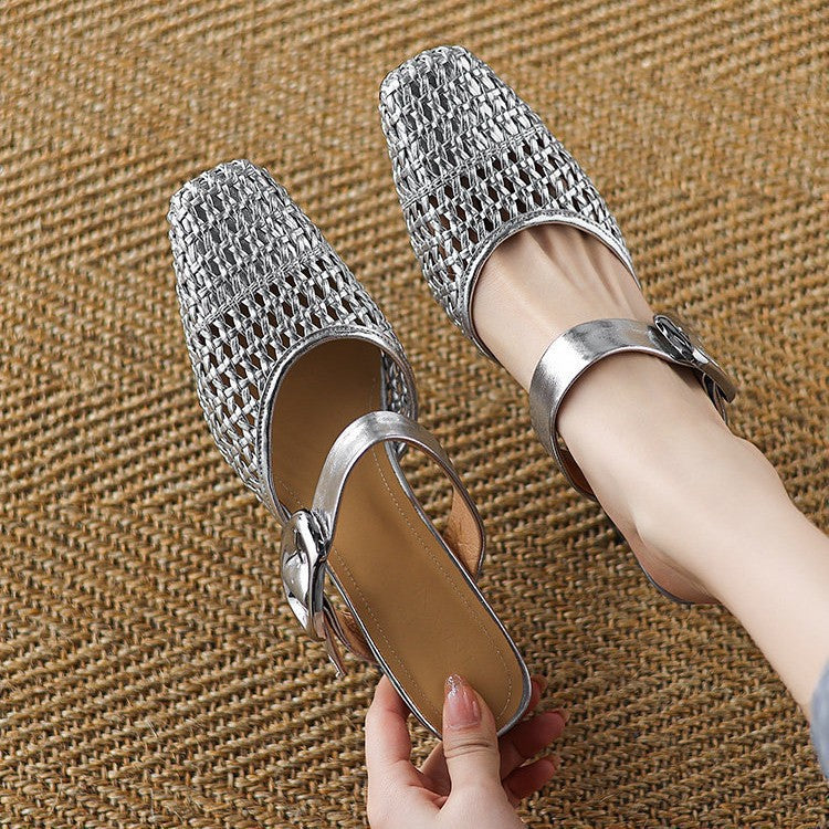 Damen elegante Mules mit modischem Geflecht und komfortablem Blockabsatz EB