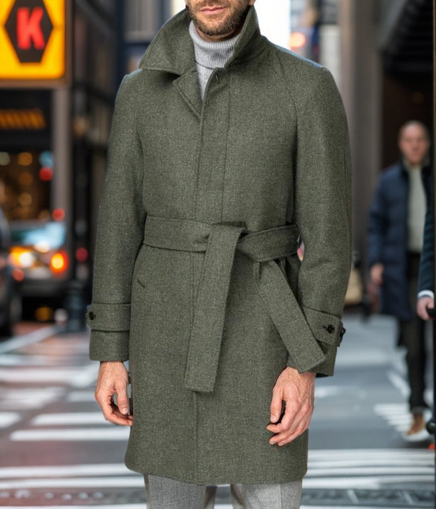 Herren modischer Wolltrenchcoat mit Bindegürtel und großen Taschen EB