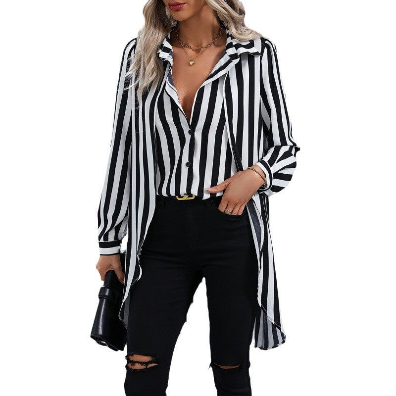 Damen Langarm Hemdbluse im modernen Streifenlook mit asymmetrischem Schnitt EB