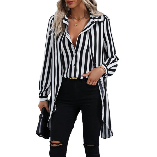 Damen Langarm Hemdbluse im modernen Streifenlook mit asymmetrischem Schnitt EB