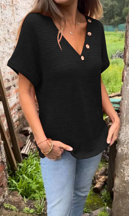 Damen lässiger V-Ausschnitt Pullover mit Knöpfen EB