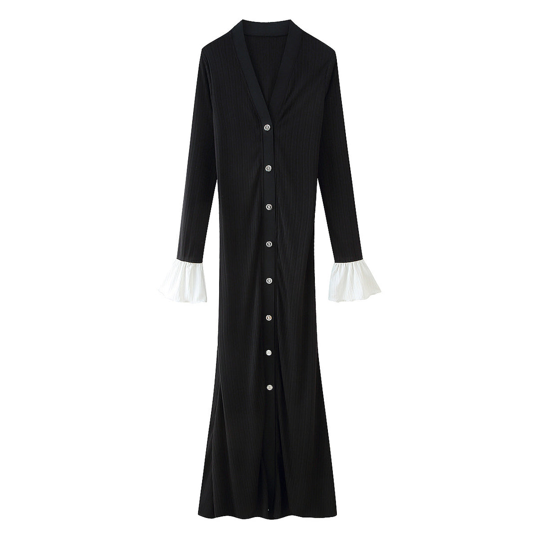 Damen Maxikleid mit eleganten Rüschenärmeln und Knopfdetails EB