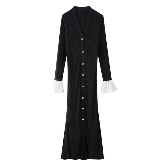 Damen Maxikleid mit eleganten Rüschenärmeln und Knopfdetails EB