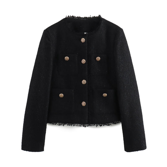 Damen elegante Tweedjacke mit Fransen und praktischen Taschen EB