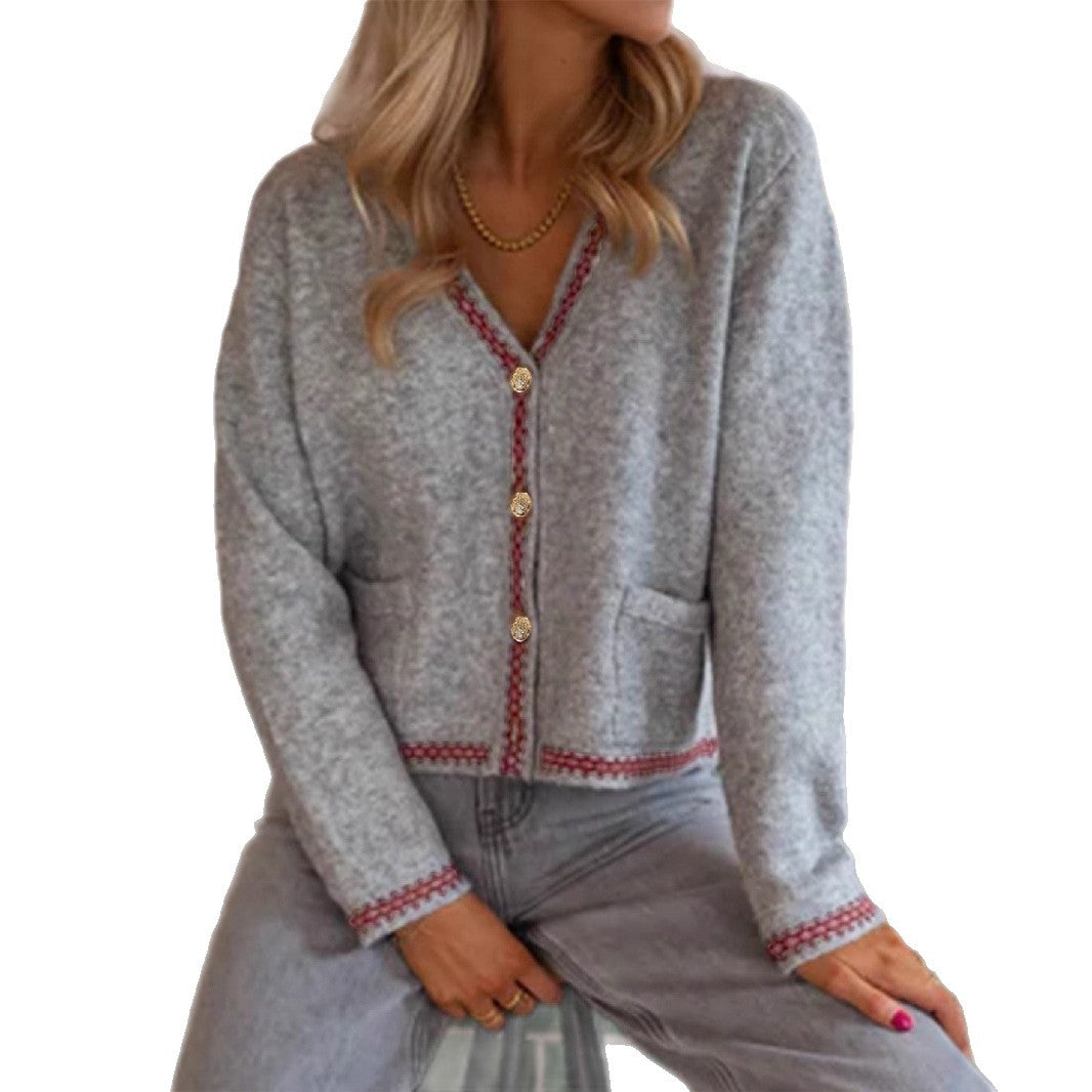 Damen modische Strickjacke mit dekorativen Knöpfen und Stickdetails EB
