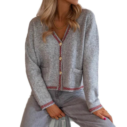 Damen modische Strickjacke mit dekorativen Knöpfen und Stickdetails EB