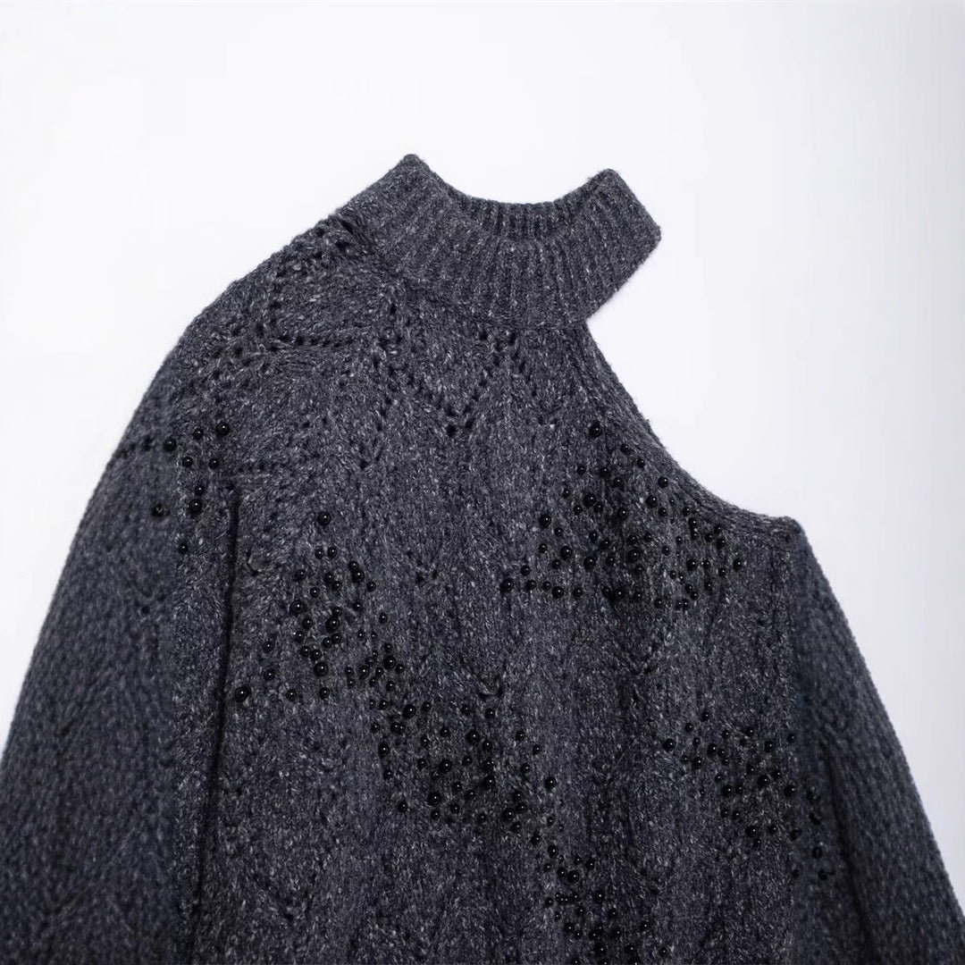 Damen Modischer Oversized Pullover mit asymmetrischem Kragen und strukturiertem Strick EB
