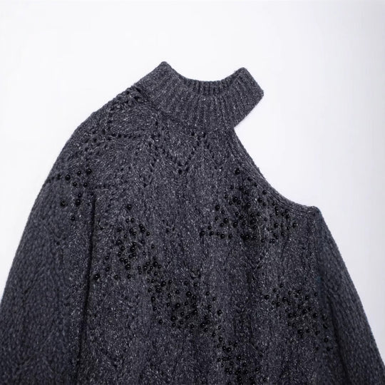 Damen Modischer Oversized Pullover mit asymmetrischem Kragen und strukturiertem Strick EB