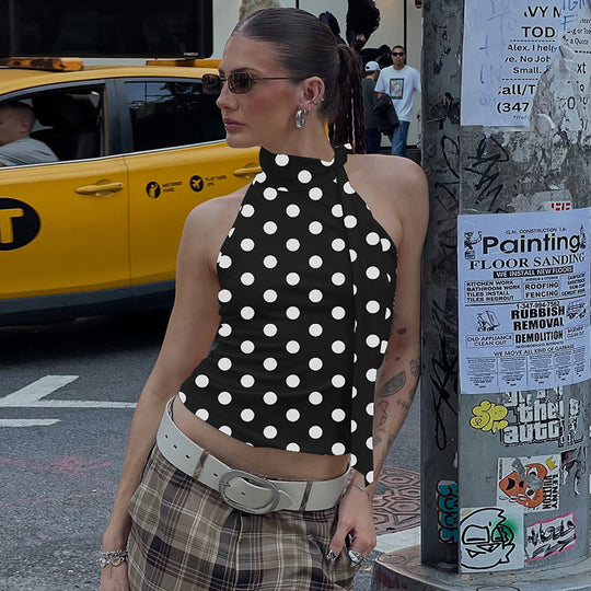 Damen asymmetrisches Polka-Dot-Top mit hohen Schnittlinien und elegantem Halterdesign EB