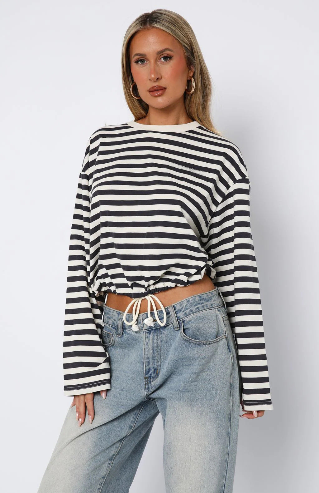 Damen cropped gestreifter Sweatshirt mit Kordelzug EB