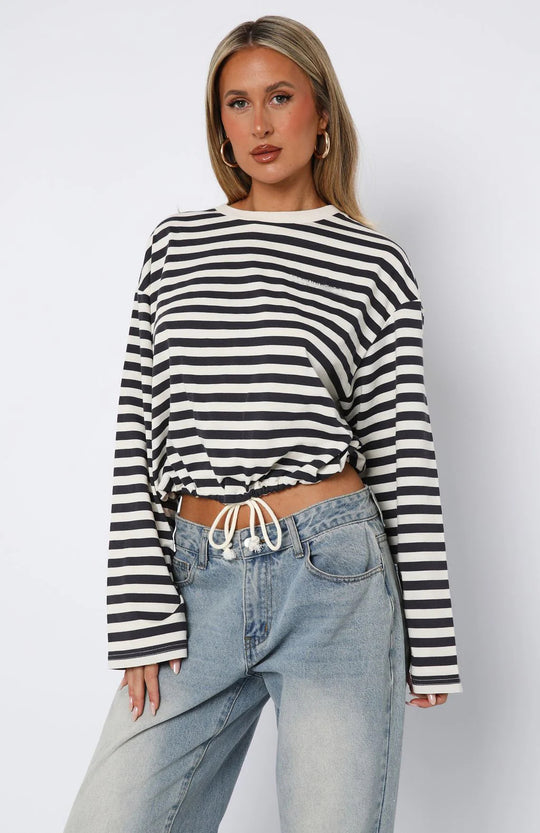 Damen cropped gestreifter Sweatshirt mit Kordelzug EB