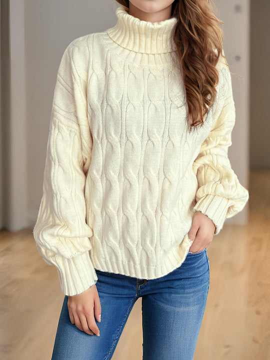 Damen Strickpullover mit hohem Kragen und strukturierter Zopfoptik EB