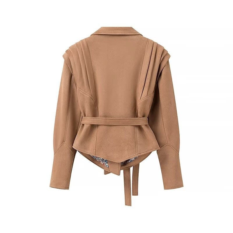 Damen modische kurze Blazerjacke mit Gürtel und dekorativen Falten EB