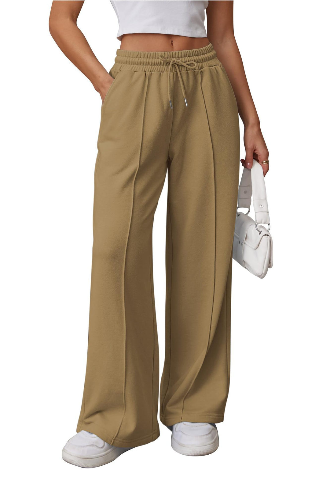 Damen nan High-Waist Relax-Freizeithose mit doppeltem Rippbund, sichtbarer Bügelfalte und weitem Bein EB